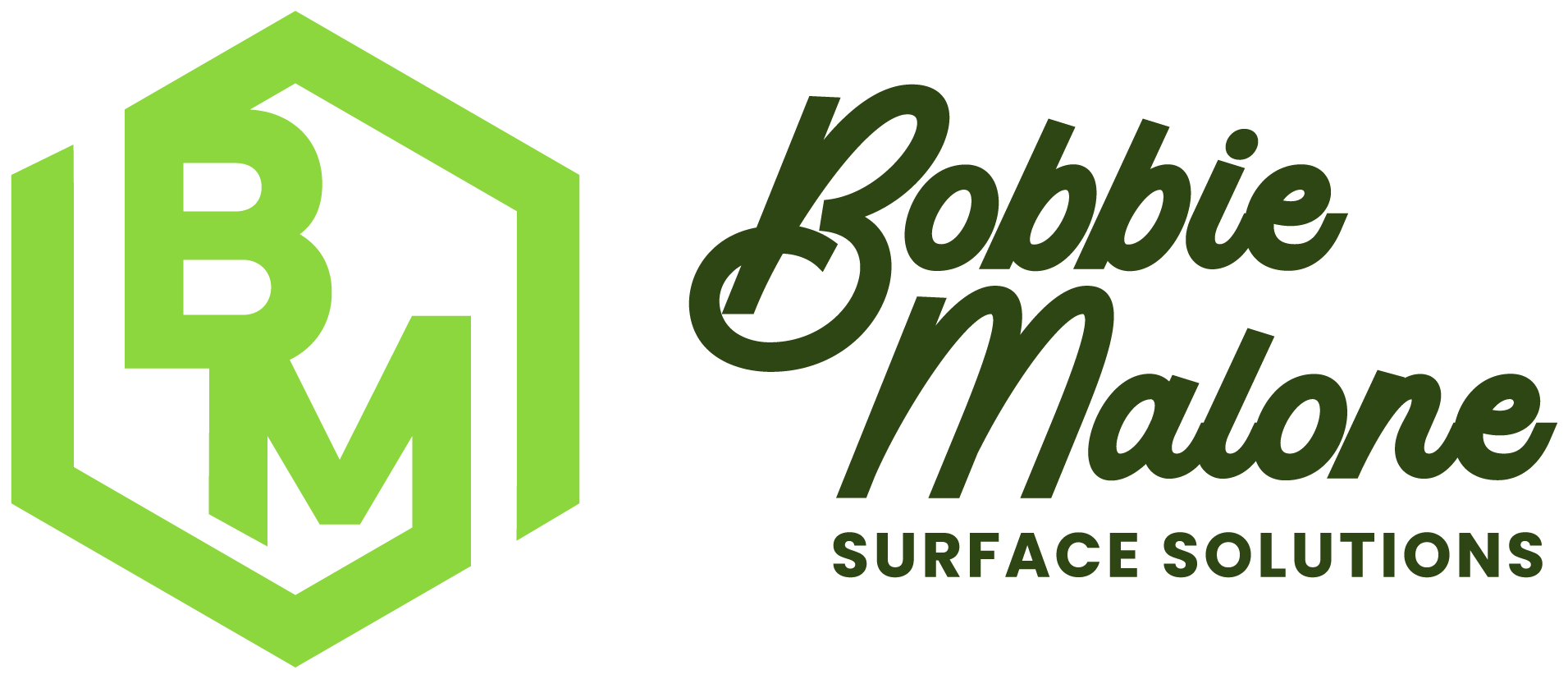 Hexagonal "BM" logo in green, next to "Bobbie Malone Surface Solutions" in stylized dark green text, representing a professional service brand.